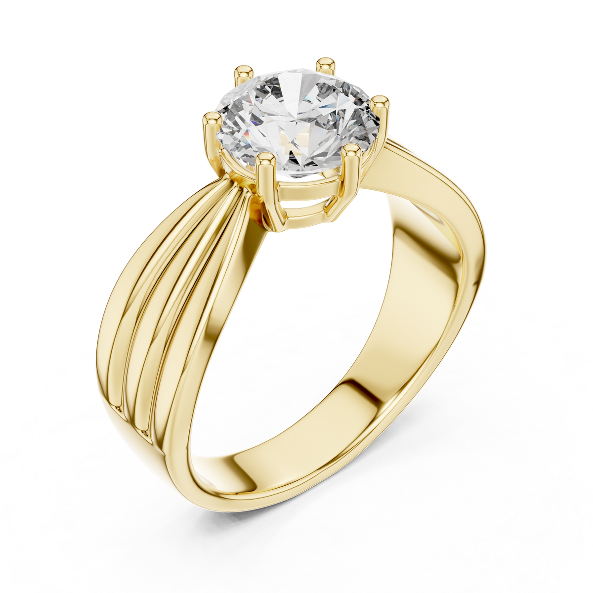 Yellow gold round solitaire lab-grown diamond split-shank engagement ring on transparent background