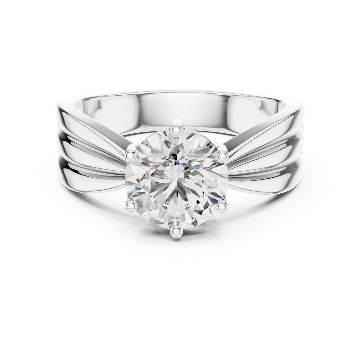 White gold round solitaire lab-grown diamond split-shank engagement ring on transparent background