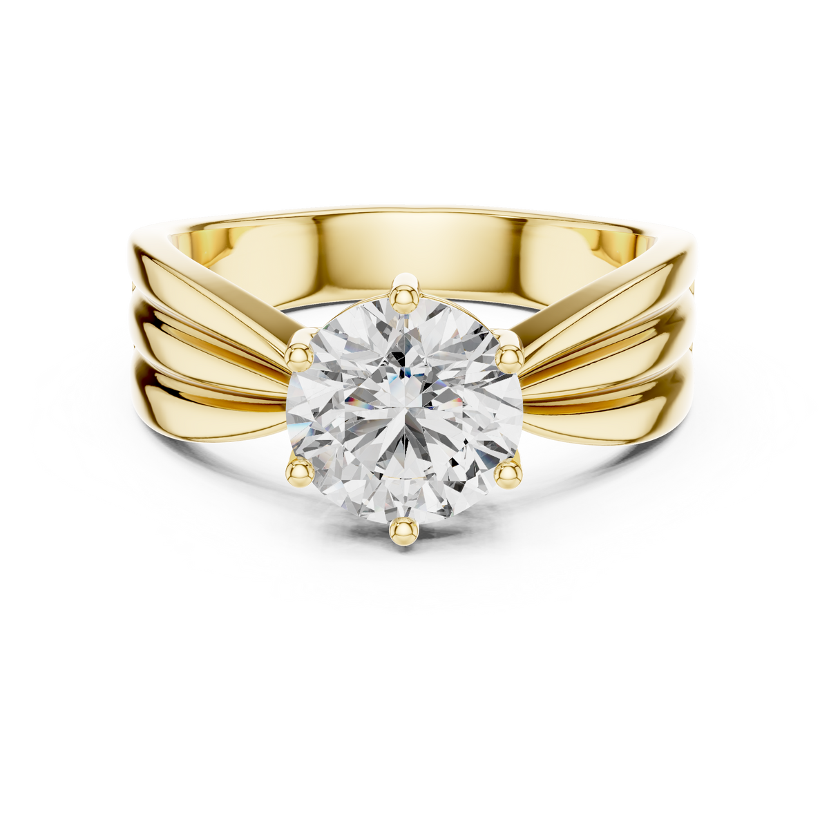 Yellow gold round solitaire lab-grown diamond split-shank engagement ring on transparent background