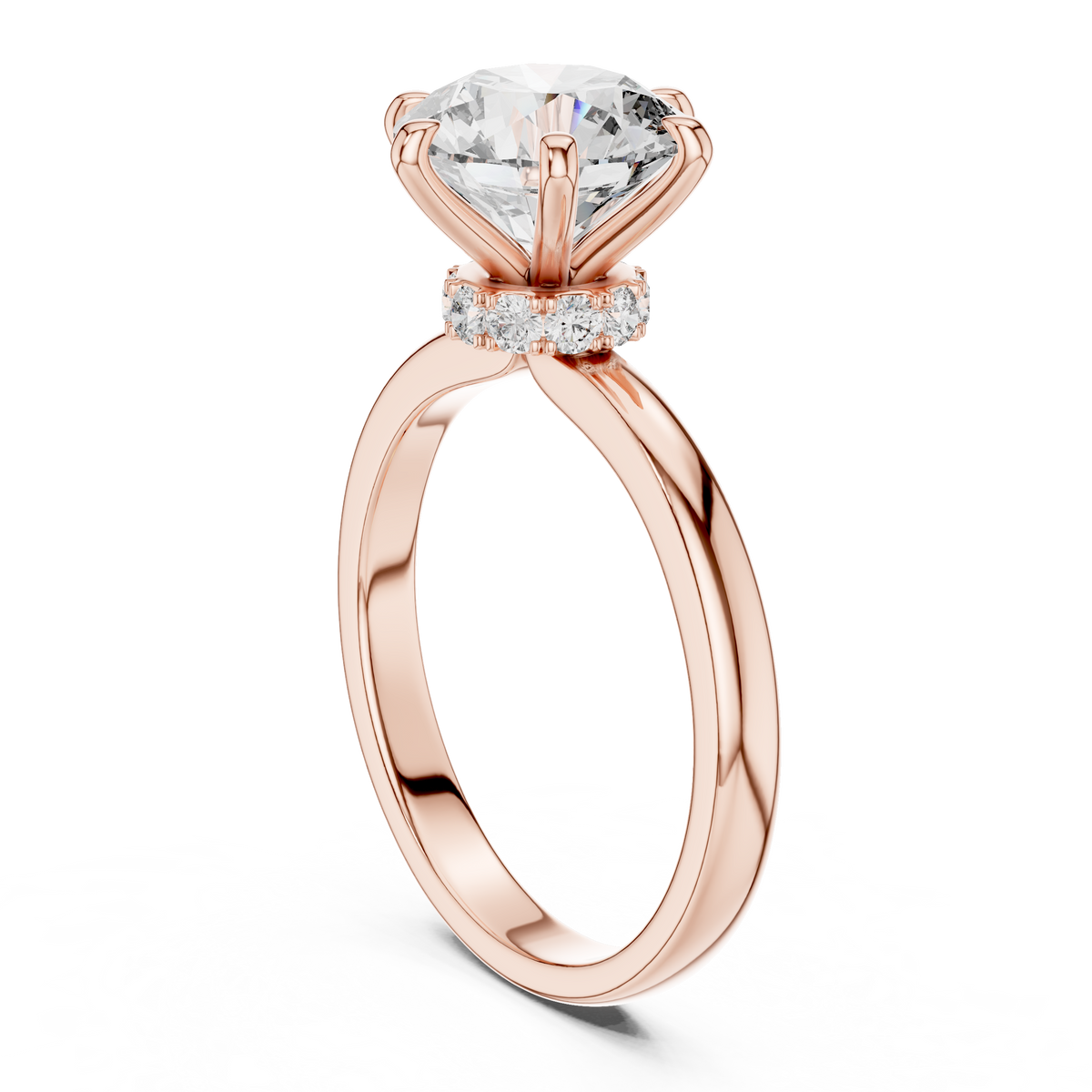 Rose gold round solitaire lab-grown diamond engagement ring with six-prong setting on white background