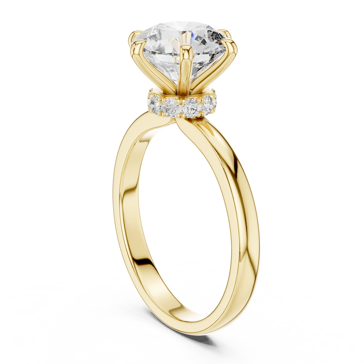 Gold ring with a large diamond and smaller diamonds on a white background