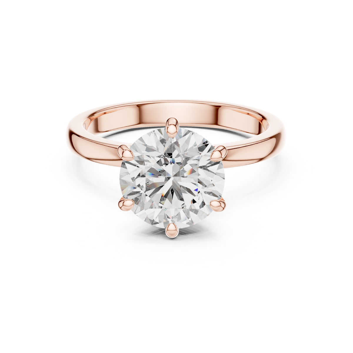 Rose gold round solitaire lab-grown diamond engagement ring with six-prong setting on white background