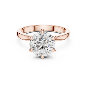 Rose gold round solitaire lab-grown diamond engagement ring with six-prong setting on white background