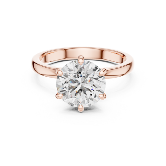 Rose gold round solitaire lab-grown diamond engagement ring with six-prong setting on white background