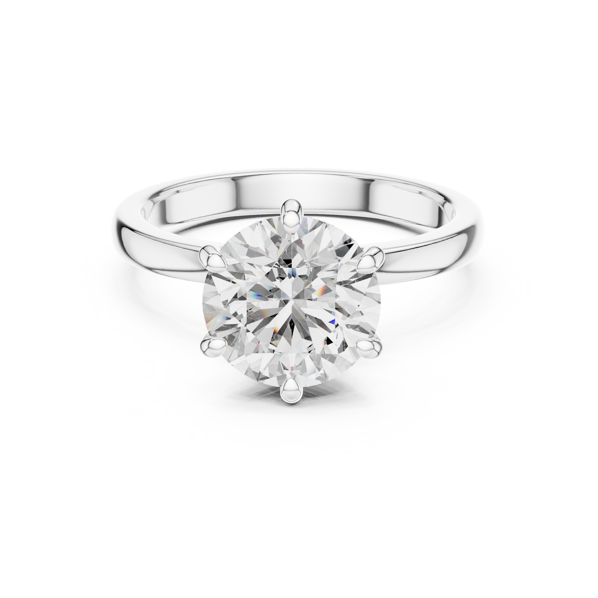 White gold round solitaire lab-grown diamond engagement ring with six-prong setting on white background