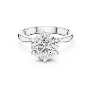 White gold round solitaire lab-grown diamond engagement ring with six-prong setting on white background