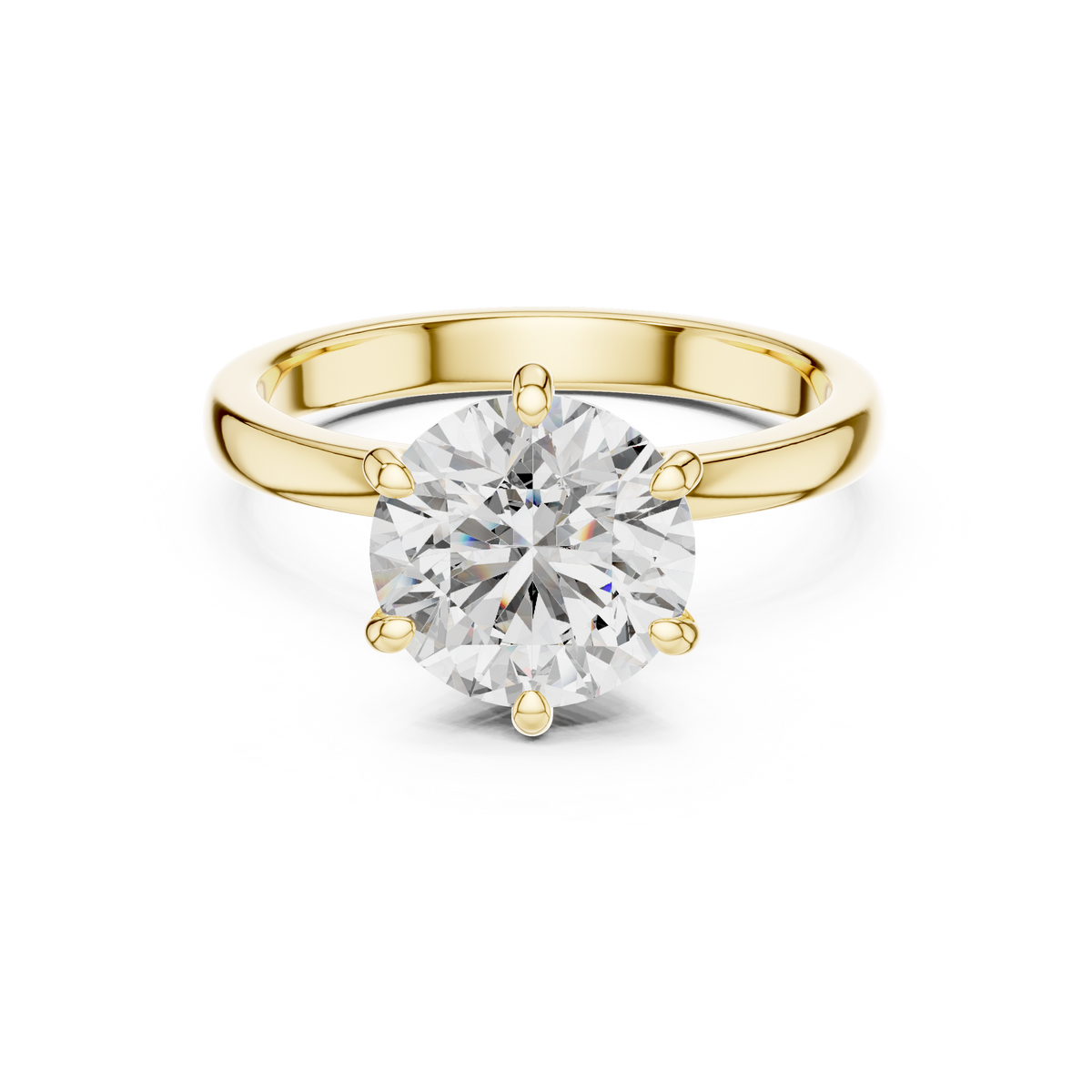 Yellow gold round solitaire lab-grown diamond engagement ring with six-prong setting on transparent background.


