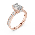 Side view of 1.67 CT emerald cut lab grown diamond engagement ring with hidden halo and pave set rose gold band