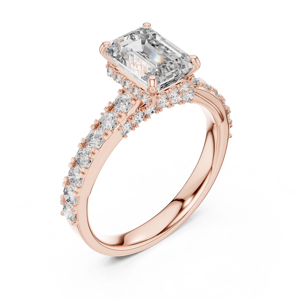 Side view of 1.67 CT emerald cut lab grown diamond engagement ring with hidden halo and pave set rose gold band