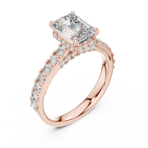 Side view of 1.67 CT emerald cut lab grown diamond engagement ring with hidden halo and pave set rose gold band