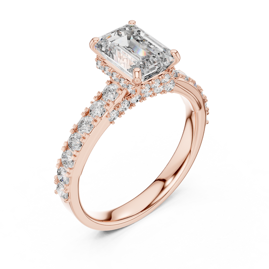 Side view of 1.67 CT emerald cut lab grown diamond engagement ring with hidden halo and pave set rose gold band