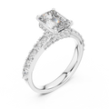 Front view of 1.67 CT emerald cut lab grown diamond engagement ring with hidden halo and pave band in white gold