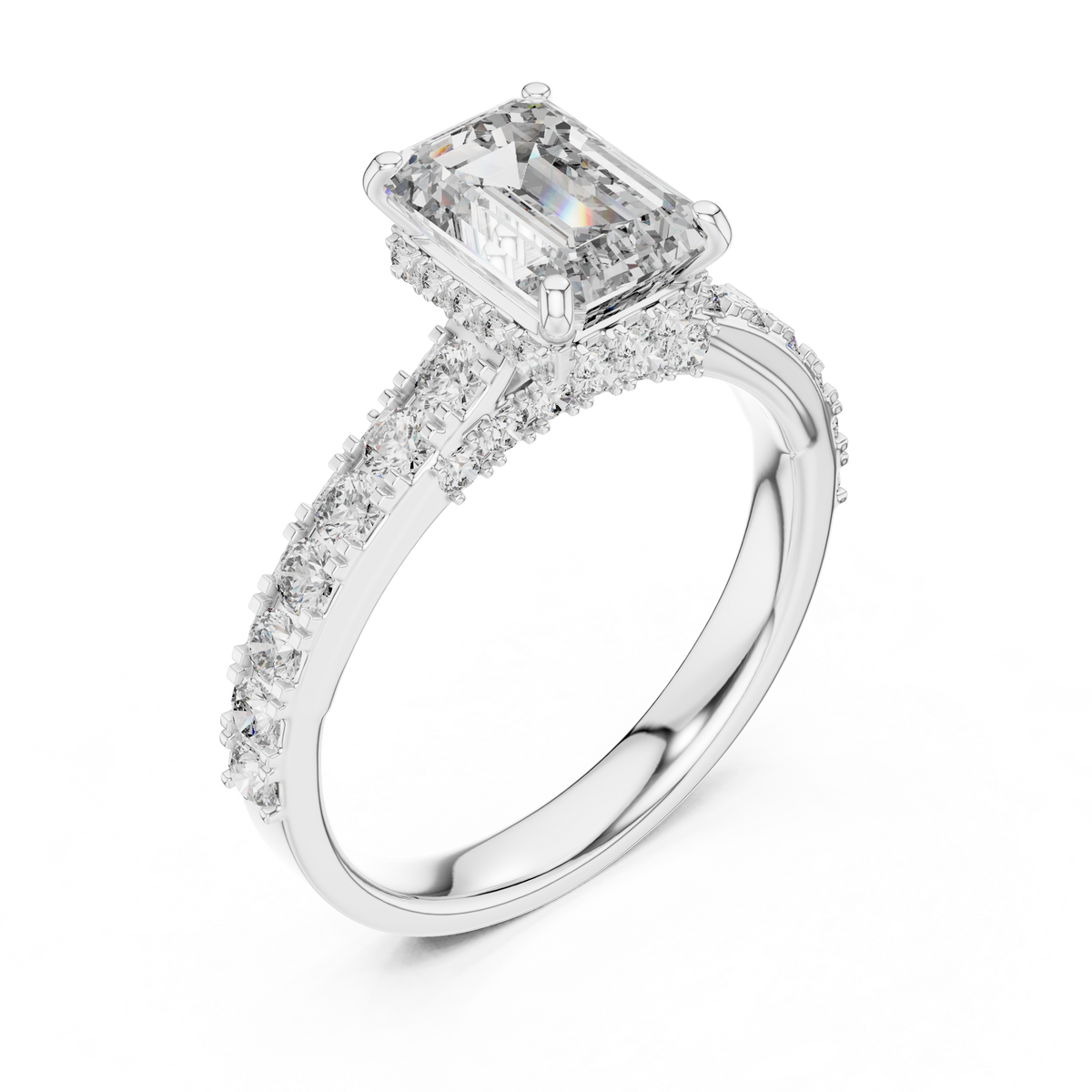 Front view of 1.67 CT emerald cut lab grown diamond engagement ring with hidden halo and pave band in white gold