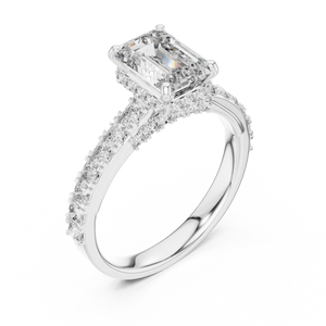 Front view of 1.67 CT emerald cut lab grown diamond engagement ring with hidden halo and pave band in white gold