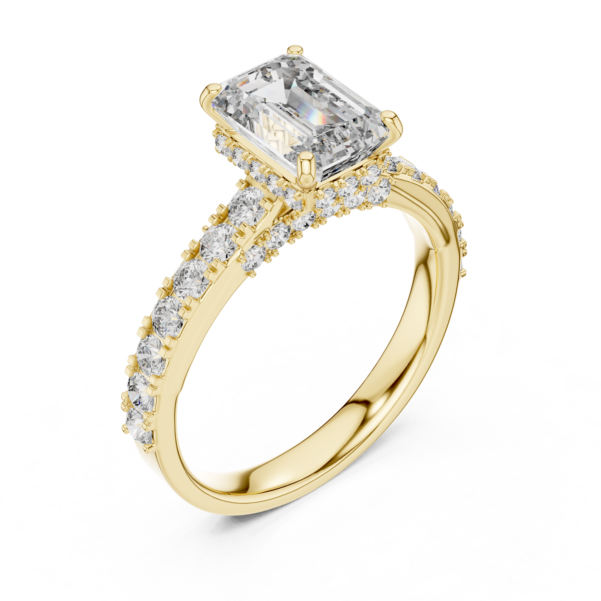 1.67 CT Emerald Cut Lab-Grown Diamond Engagement Ring with Pavé Band in Yellow Gold