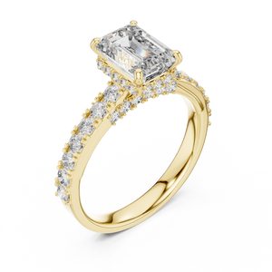 1.67 CT Emerald Cut Lab-Grown Diamond Engagement Ring with Pavé Band in Yellow Gold