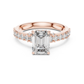 1.67 CT emerald cut lab grown diamond engagement ring with hidden halo and pave band in rose gold