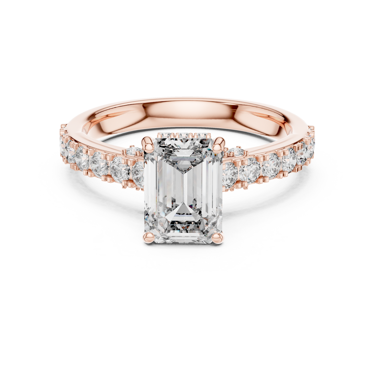 1.67 CT emerald cut lab grown diamond engagement ring with hidden halo and pave band in rose gold