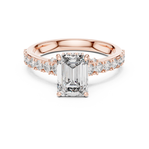 1.67 CT emerald cut lab grown diamond engagement ring with hidden halo and pave band in rose gold