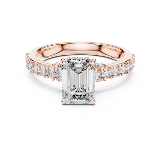 1.67 CT emerald cut lab grown diamond engagement ring with hidden halo and pave band in rose gold