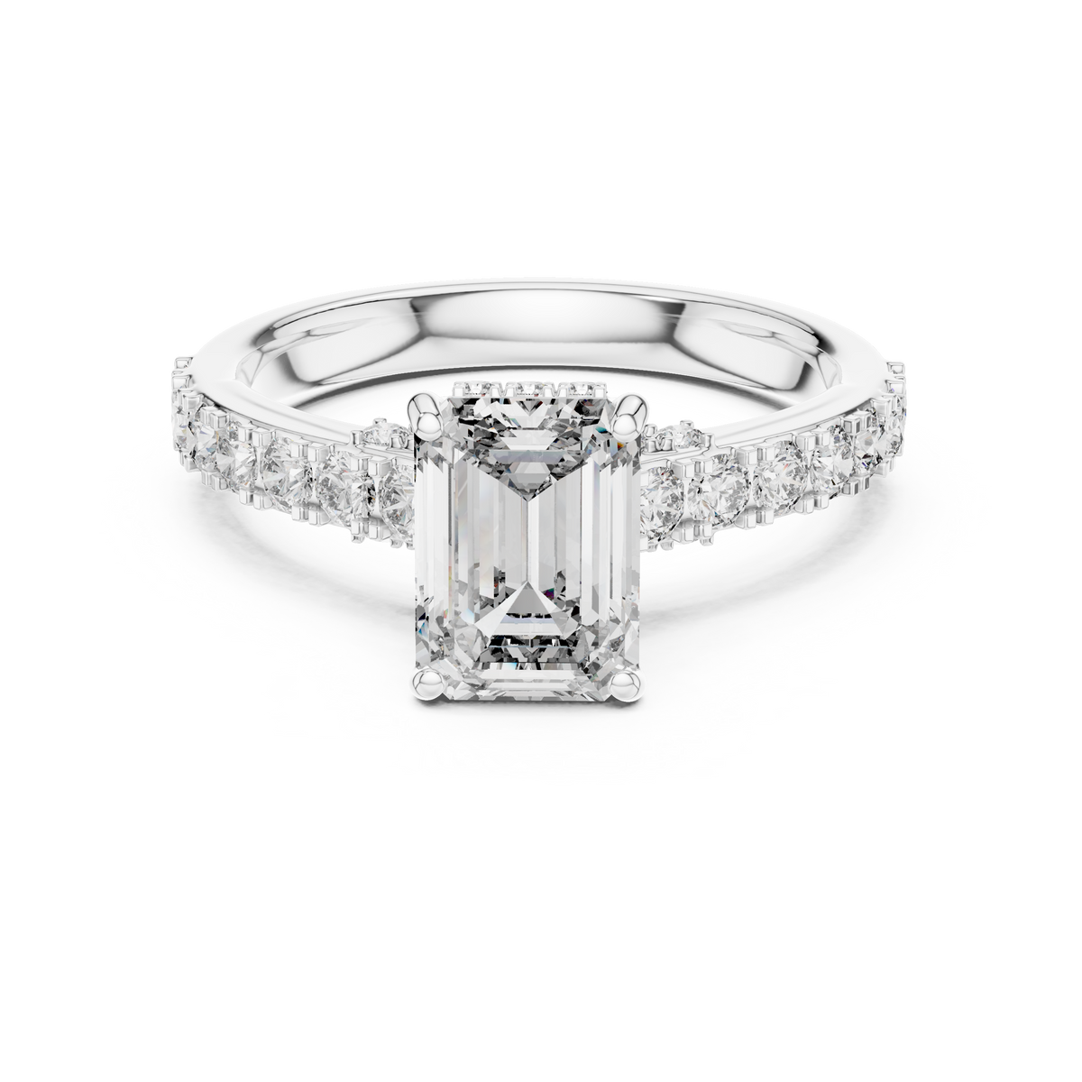 1.67 CT emerald cut lab grown diamond engagement ring with pave band in white gold