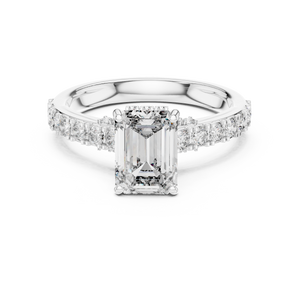 1.67 CT emerald cut lab grown diamond engagement ring with pave band in white gold