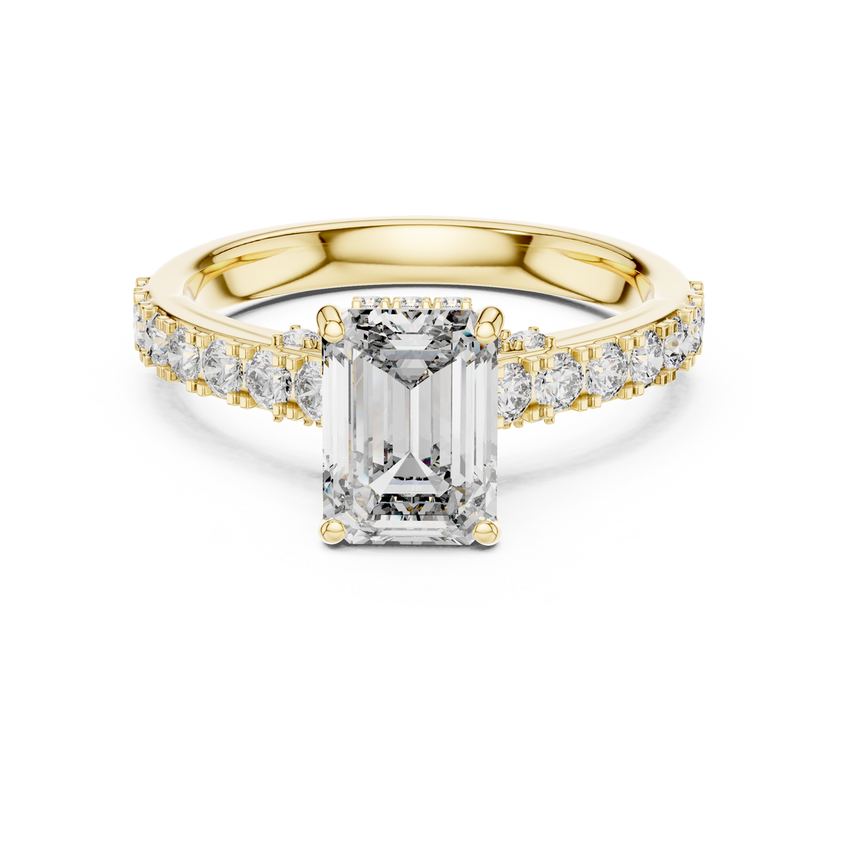 Gold ring with a large diamond and smaller diamonds on the band against a white background