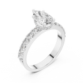 Side angle view of pear cut lab diamond engagement ring showing hidden halo and pave setting in white gold