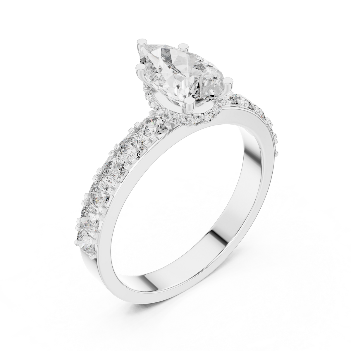 Side angle view of pear cut lab diamond engagement ring showing hidden halo and pave setting in white gold