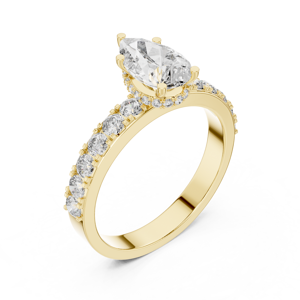 Side view of a 1.10 CT pear cut lab grown diamond engagement ring with pave band in yellow gold
