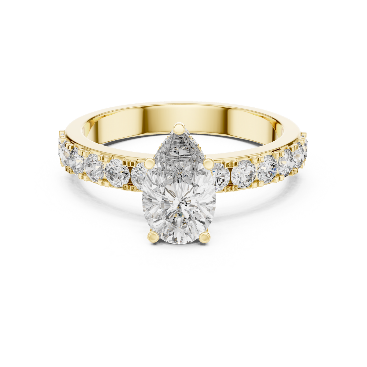 1.10 CT Pear Cut Lab Grown Diamond Engagement Ring with Pave Band in Yellow Gold