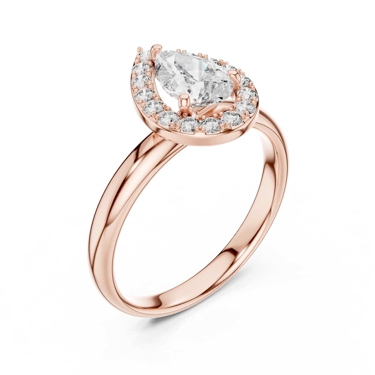 Rose gold ring with a pear-shaped diamond on a white background