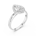 0.70 CT pear cut lab grown diamond halo engagement ring in white gold, angled view