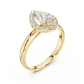 0.70 CT pear cut lab grown diamond halo engagement ring in yellow gold, angled view