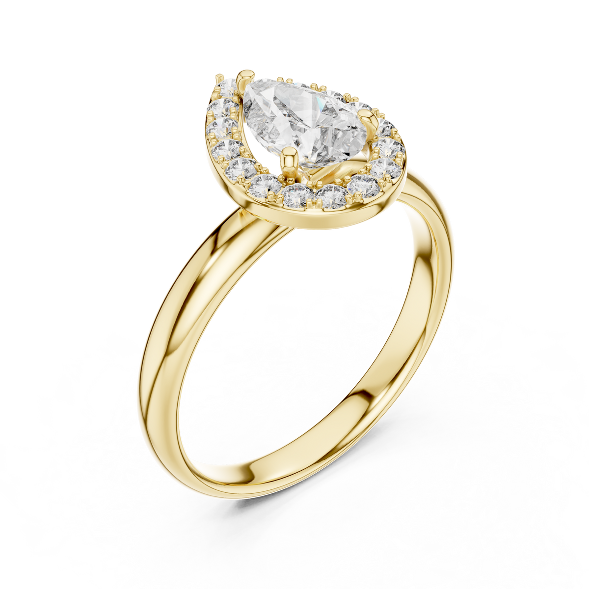 Gold ring with a large diamond and smaller diamonds on a white background