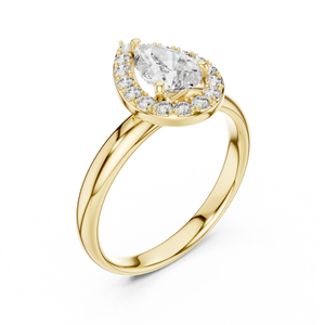 Gold ring with a large diamond and smaller diamonds on a white background