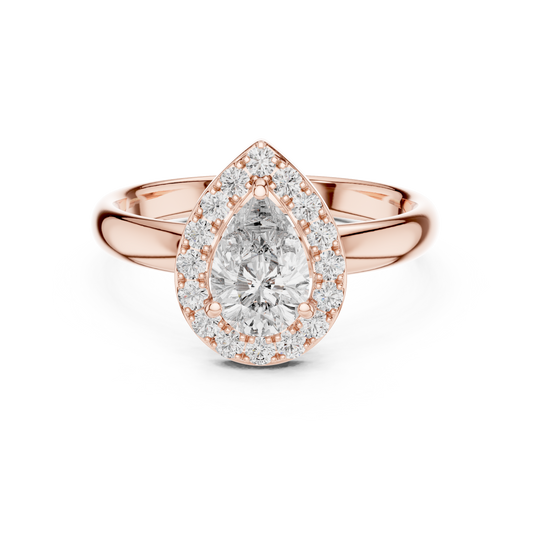 0.70 CT pear cut lab grown diamond halo engagement ring in rose gold, front view