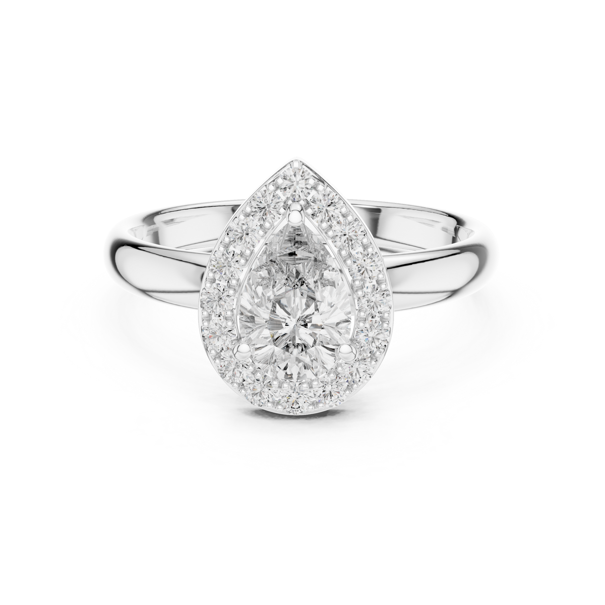 Diamond ring with pear-shaped center stone on a white background
