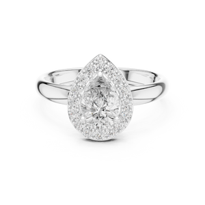 Diamond ring with pear-shaped center stone on a white background