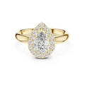 0.70 CT pear cut lab grown diamond halo engagement ring in yellow gold, front view