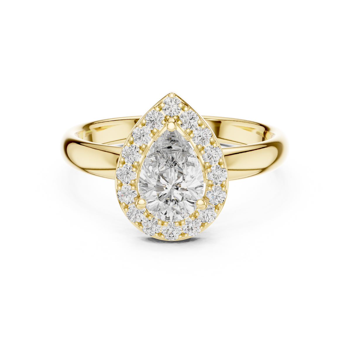 Gold ring with a pear-shaped diamond and smaller diamonds on a white background