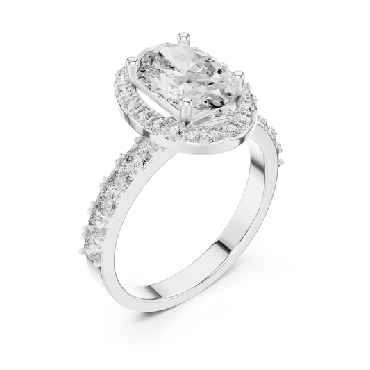 White gold 1.60 CT oval cut lab grown diamond halo engagement ring with pavé side stones on a white background.