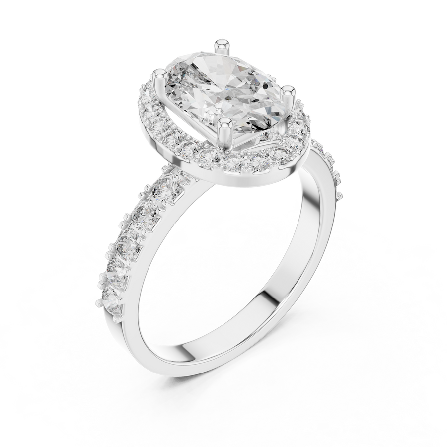 White gold 1.60 CT oval cut lab grown diamond halo engagement ring with pavé side stones on a white background.