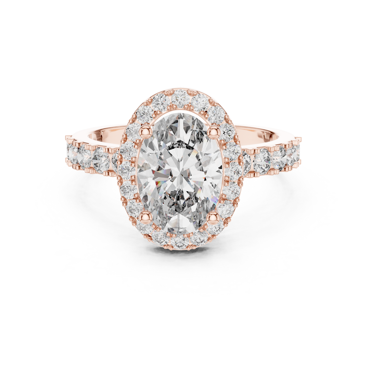 Rose gold ring with a large oval-cut center diamond, a sparkling diamond halo, and pavé-set side stones on a white background.