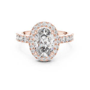 Rose gold ring with a large oval-cut center diamond, a sparkling diamond halo, and pavé-set side stones on a white background.