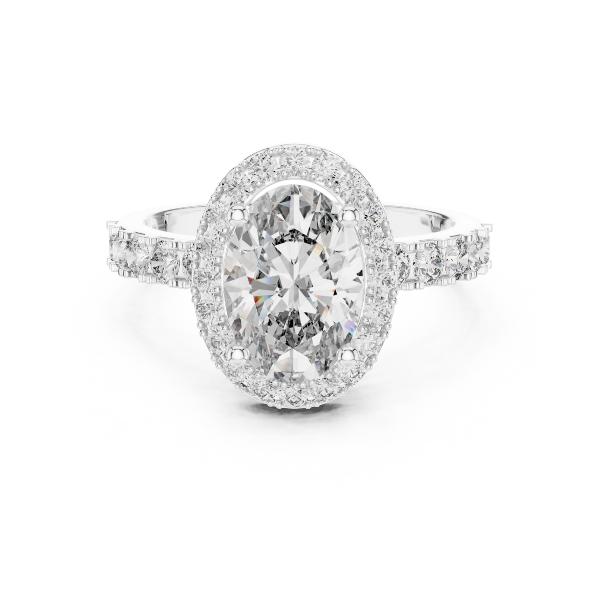 White gold 1.60 CT oval cut lab grown diamond halo engagement ring with pavé side stones on a white background.