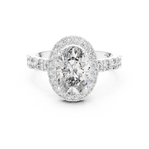 White gold 1.60 CT oval cut lab grown diamond halo engagement ring with pavé side stones on a white background.