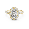 Gold ring with a large oval-cut diamond center stone, a sparkling diamond halo, and pavé-set side stones on a white background.