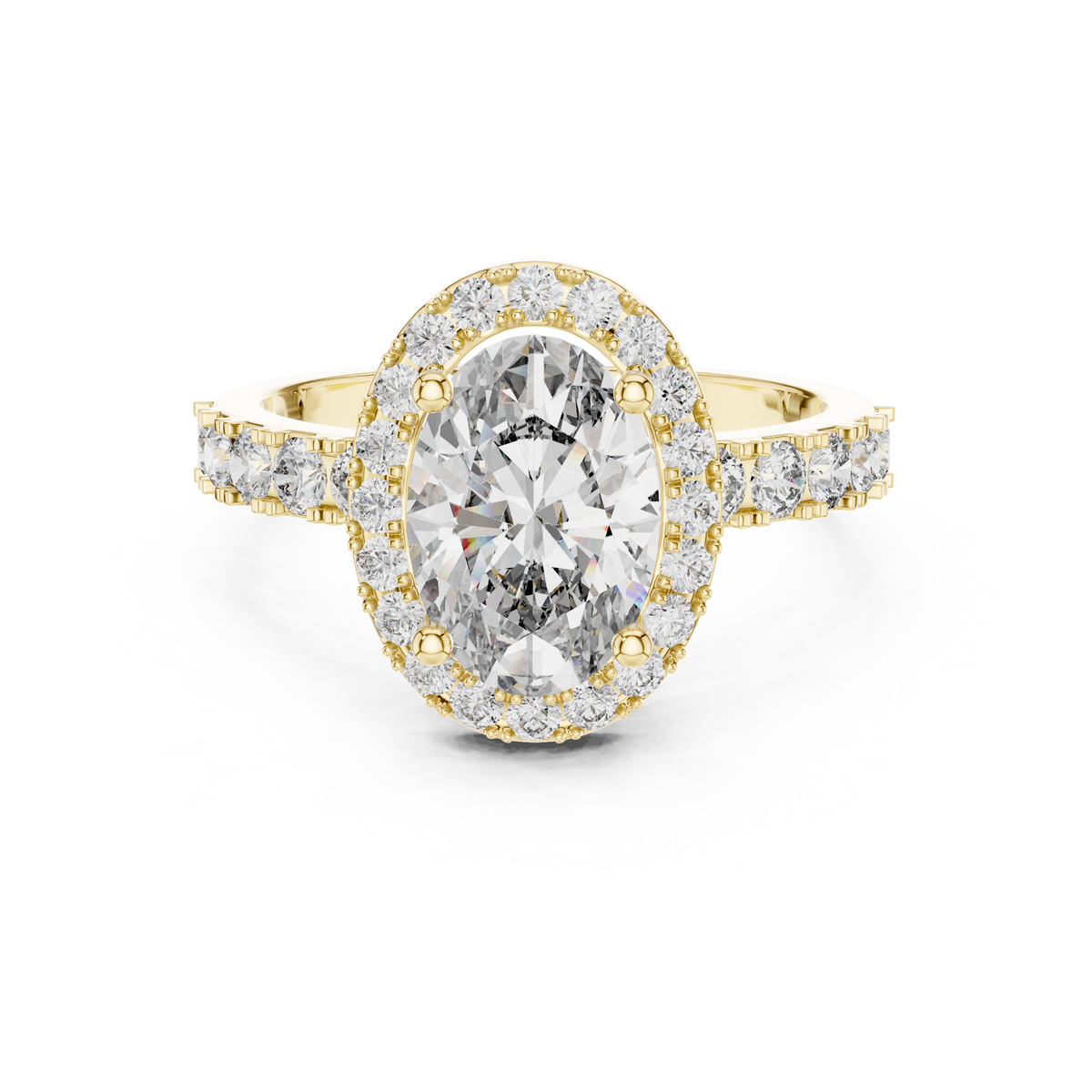Gold ring with a large oval-cut diamond center stone, a sparkling diamond halo, and pavé-set side stones on a white background.