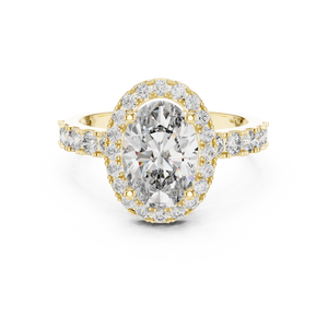 Gold ring with a large oval-cut diamond center stone, a sparkling diamond halo, and pavé-set side stones on a white background.